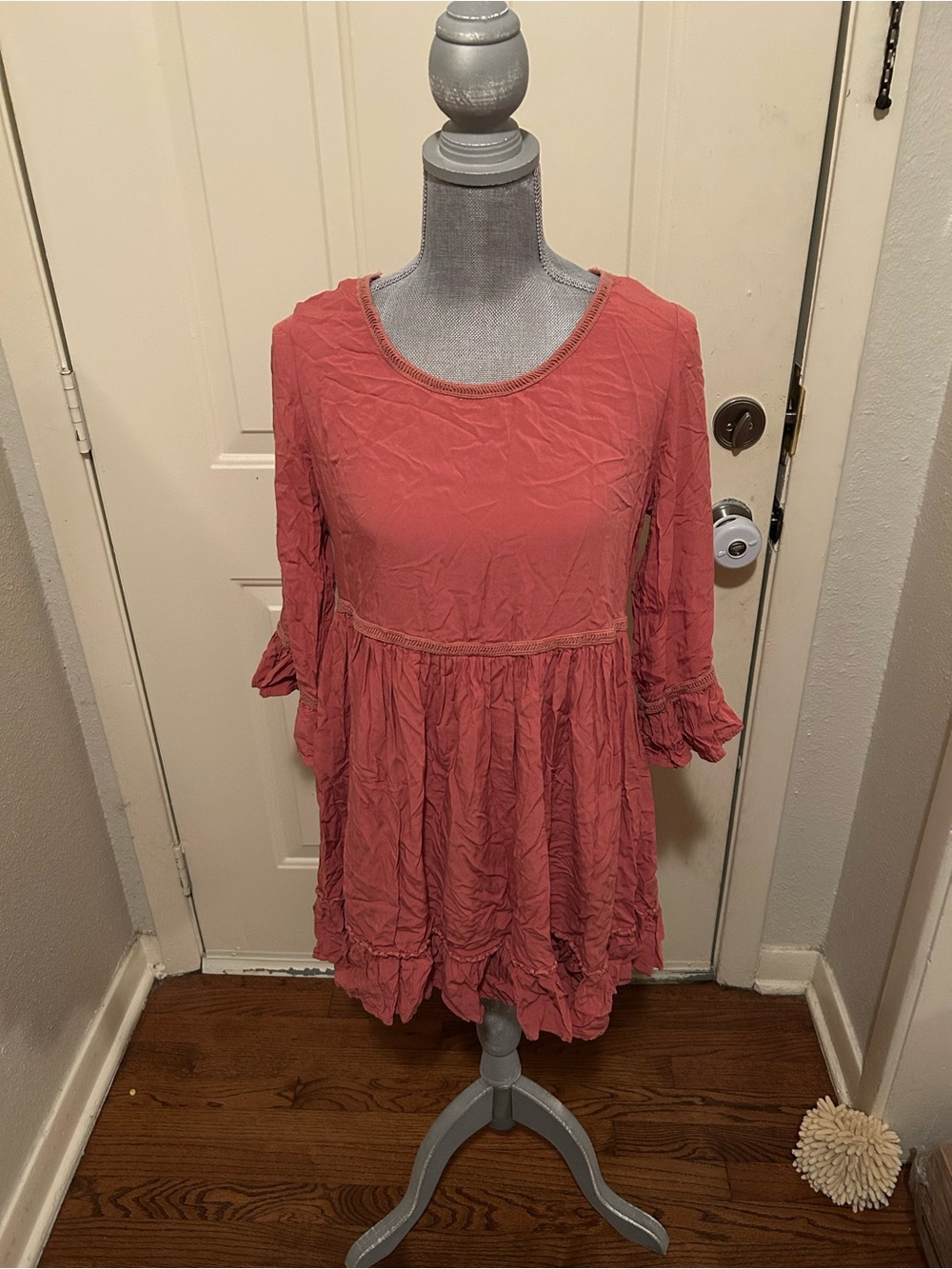 indigo soul Coral Pink Ruffle Hem Long Sleeve Babydoll Dress